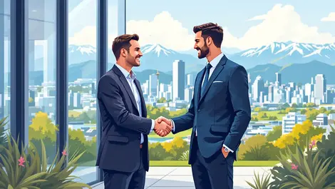 Young technology entrepreneur shaking hands banker modern office building nz skyline