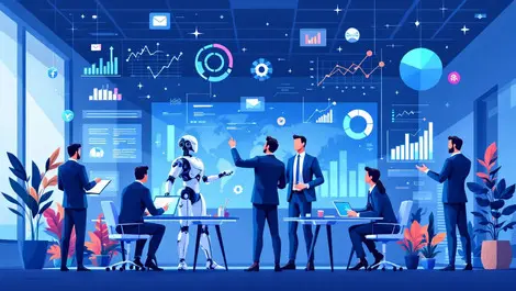 Business professionals collaborating with robotic ai assistants in office