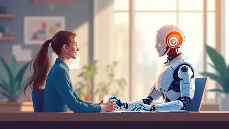 Futuristic robot conversing with humans modern office ai integration