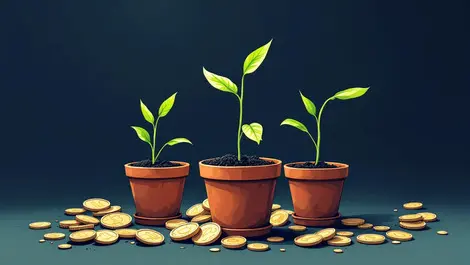 Wilted seedlings in southeast asian country pots with dried coins declining startup funding economic uncertainty