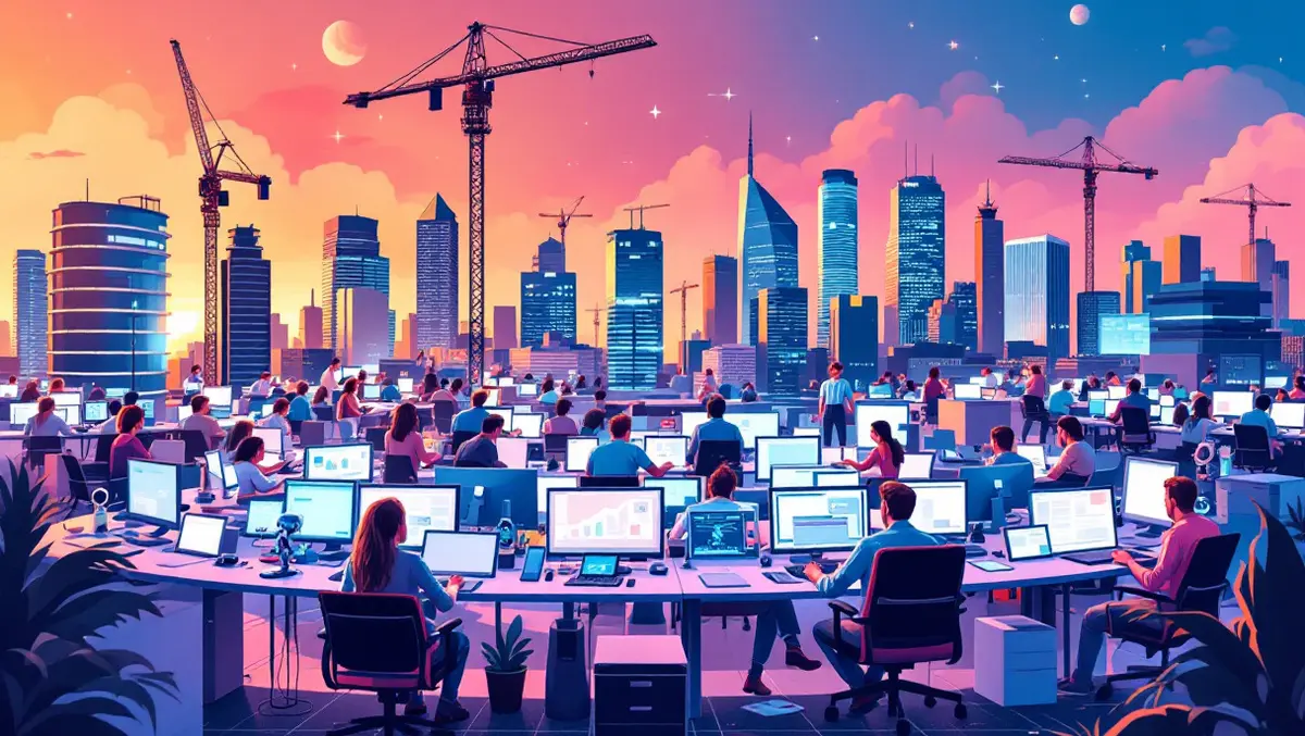 Dynamic illustration busy australian office workers tech innovation victoria cityscape