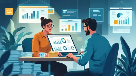 Small business owners working together in anz office with automated financial charts invoices