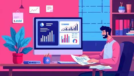 Small office workspace computer charts relaxed businessperson automated admin tasks easy accounting