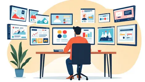 Marketer desk multiple screens social media ai generated graphics content creation