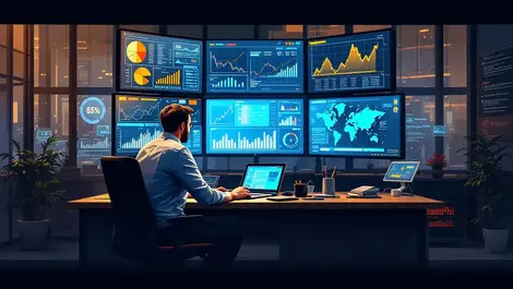 Corporate treasurer analyzing financial charts digital screens modern office