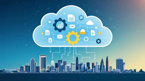 Automated cloud data management icons documents images files gears australian skyline