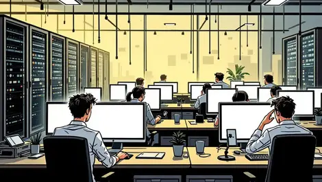 Stressed office workers uk blank computer screens server racks data recovery failure