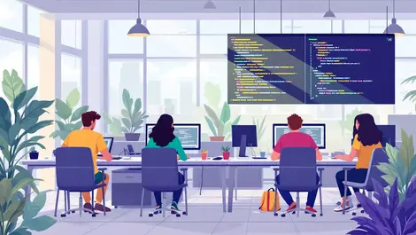 Young adults working computers modern open plan office tech internship