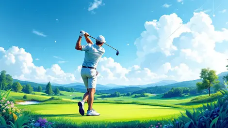 Realistic professional male golfer swinging club on lush green with digital tech lines