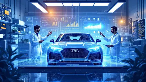 Indian automotive engineers collaborating modern lab car blueprints tech