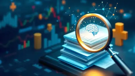 Magnifying glass digital documents financial charts ai brain automated investigation financial crime