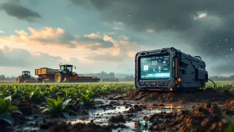 Robust weatherproof computer device muddy farm field farming machinery crops cloudy sky