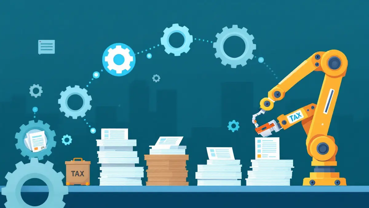 Automated tax compliance robotic arm sorting paperwork gears documents