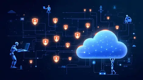 Networked cloud interconnected glowing shields human robot arms cybersecurity defense ai