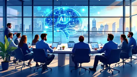 Australian business professionals discussing ai brain digital screens sydney office