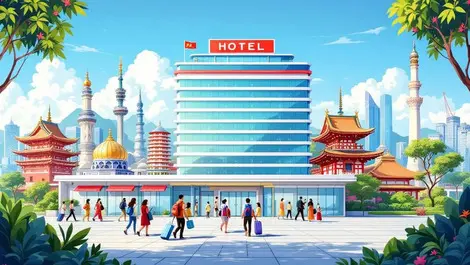 Vibrant illustration modern hotel travelers arriving asia pacific landmarks