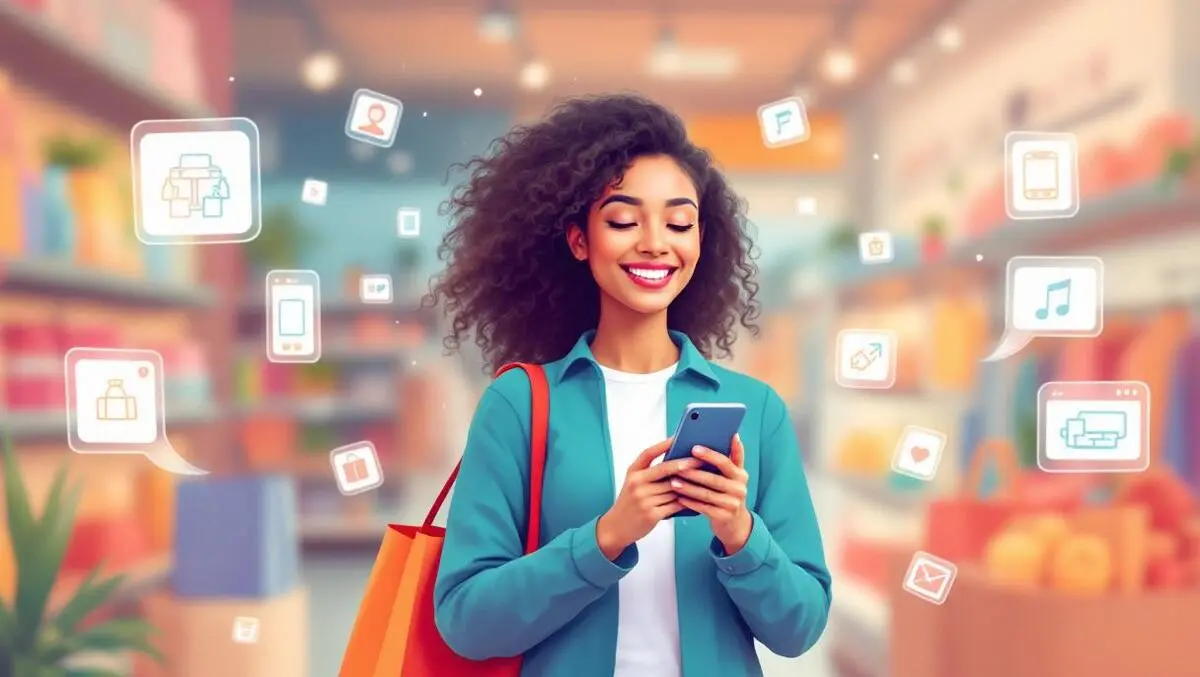 Smiling shopper holding smartphone shopping bags personalized product icons modern retail store