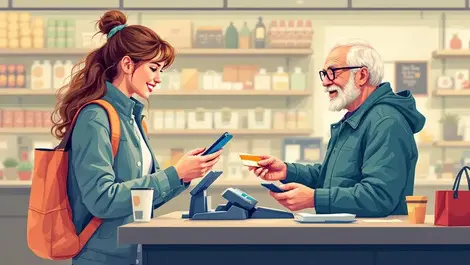 Uk shoppers paying mobile phone card modern retail store illustration