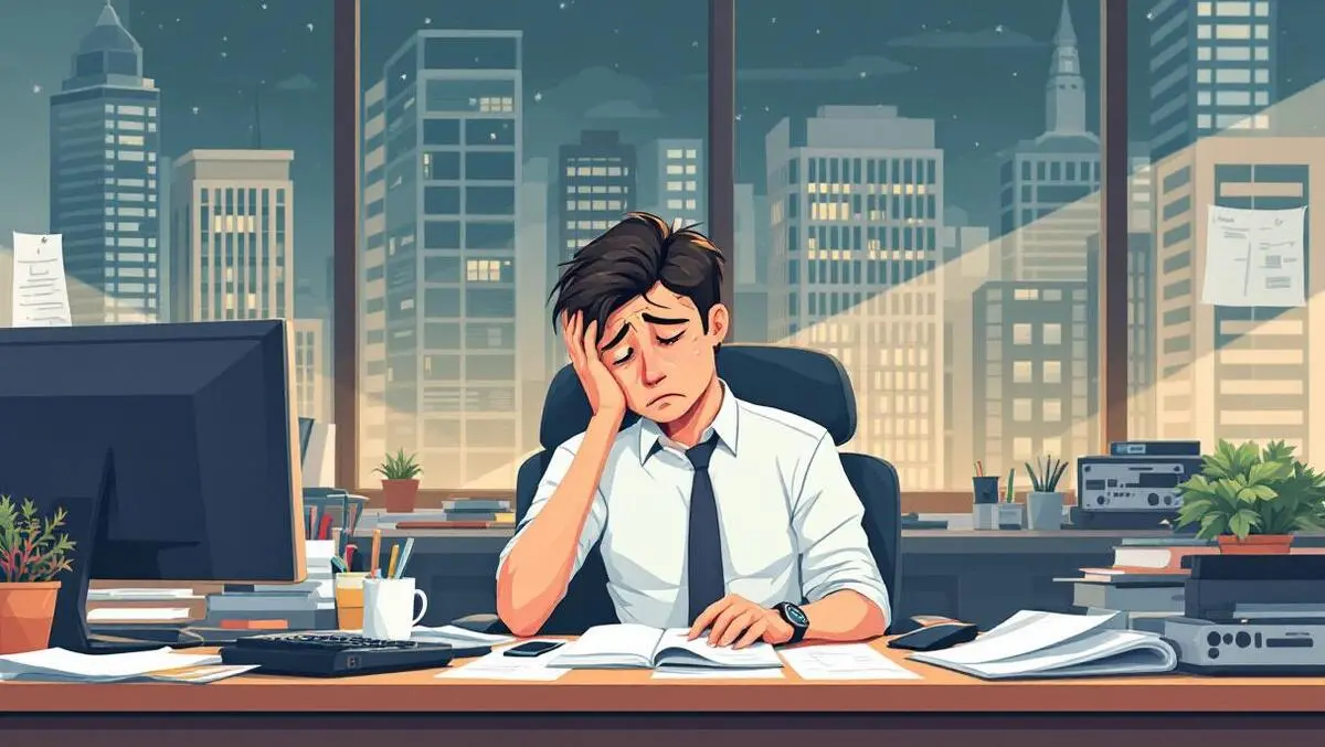 Tired australian office worker cluttered desk stress fatigue highrise buildings