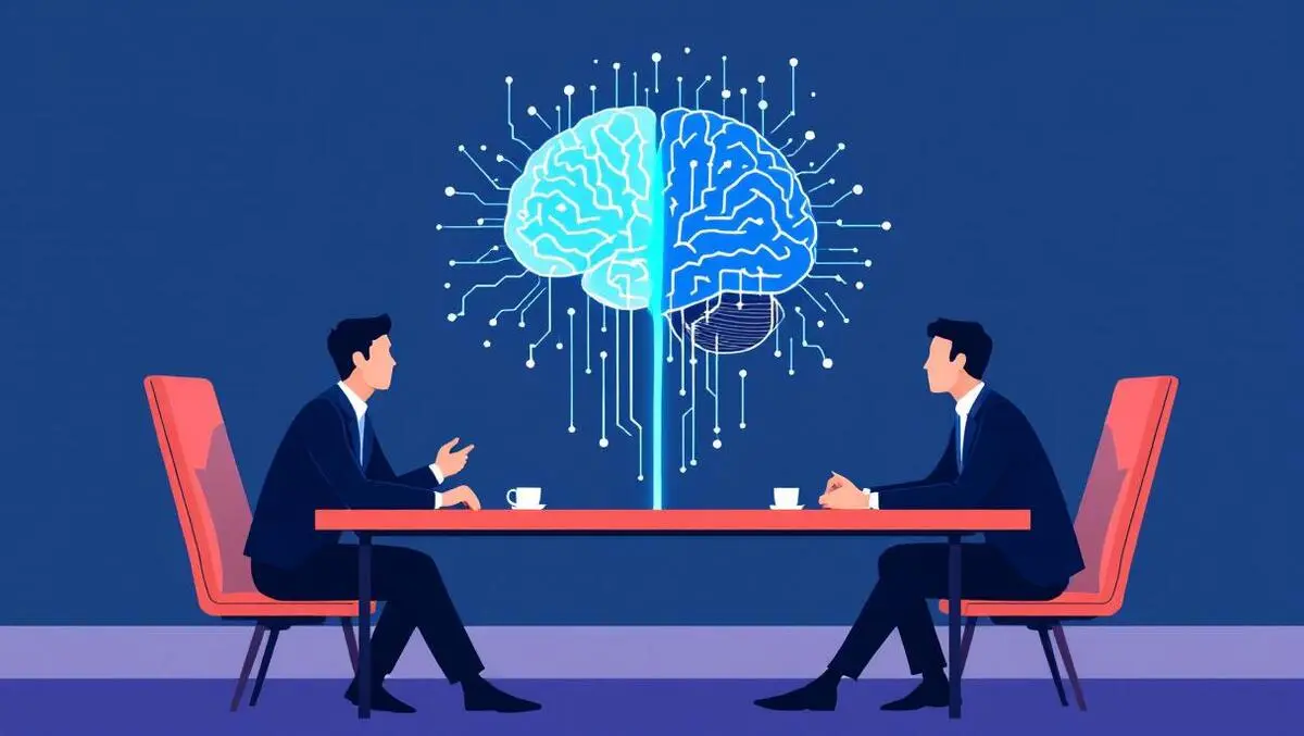 Business leaders sitting apart with ai brain connecting misalignment in strategy