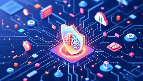 Computer network interconnected devices digital shield ai brain cybersecurity threat protection