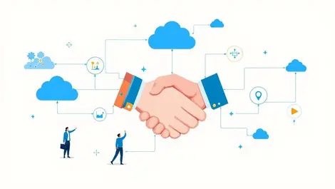 Interconnected cloud icons businesspeople handshake digital collaboration platform