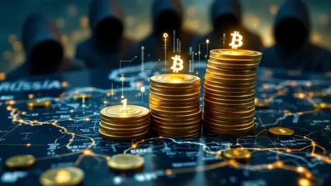 Gold coins digital symbols map russia us brazil financial cybercrime threats