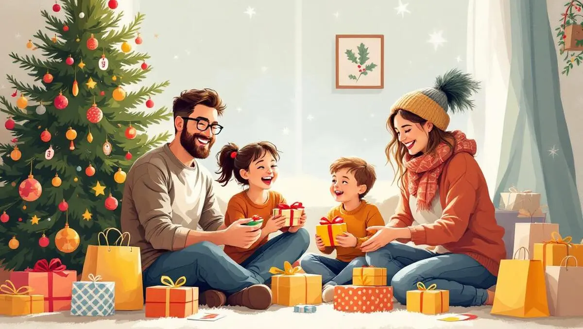 Cheerful australian family exchanging christmas gifts bargain shopping illustration