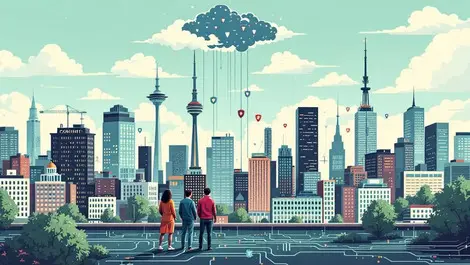 Canadian city skyline business buildings connected by old computer cables and it cybersecurity team examining cloud symbols