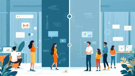 Illustration men women opposite sides barrier wall tech industry office