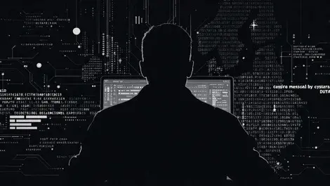 Shadowy human silhouette behind ai circuit computer screen dark digital threat