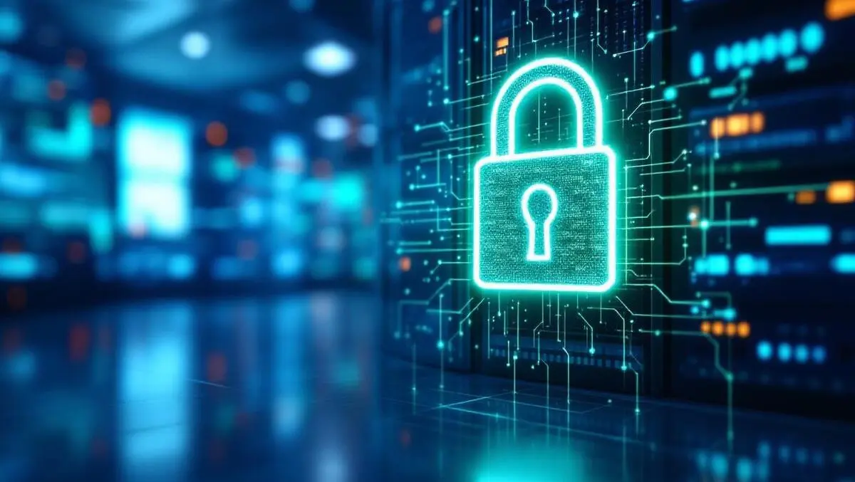 Secure server room digital padlock cybersecurity protection glowing outlines