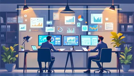 Modern law firm office lawyers reviewing digital documents ai analytics