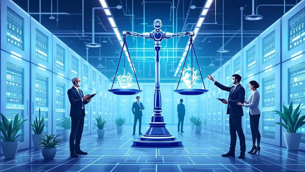 Humanoid robots business professionals high tech data center servers balancing scales ethics technology