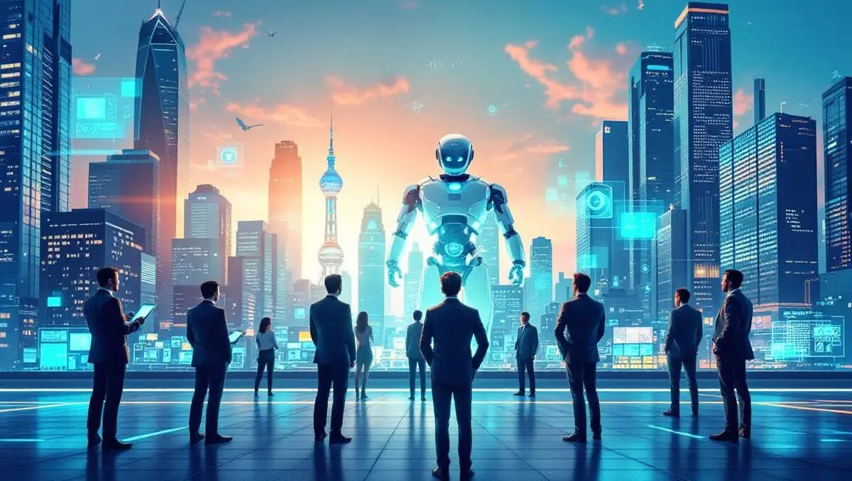 Business leaders advanced robots digital interfaces asia pacific cityscape