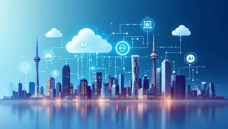 Canadian city skyline digital cloud icons ai symbols technology connections