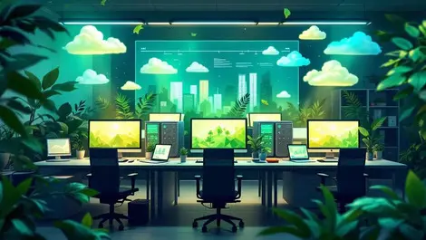 Realistic office computers monitors servers green blue glow nature climate impact tracking