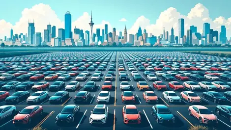 Modern electric car fleet in large open lot with city skyline australia car subscription growth