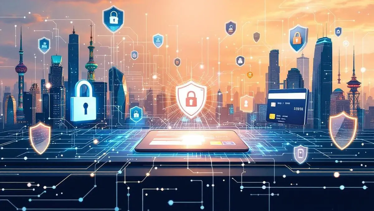 Secure digital payment transaction ai technology payment cards shields asia pacific cityscape