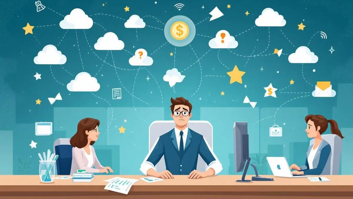 Financial office worried employees disconnected cloud icons broken data links supply chain disruption planning