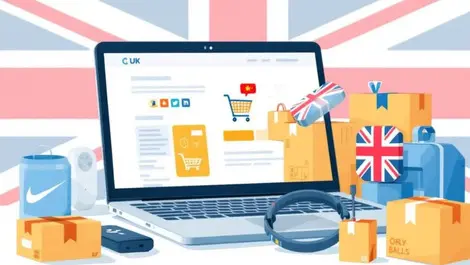 Laptop shopping cart electronic gadgets packages uk flag background illustration