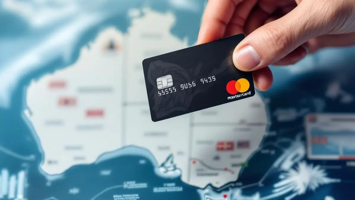 Realistic credit card mastercard logo held over australia map modern financial services
