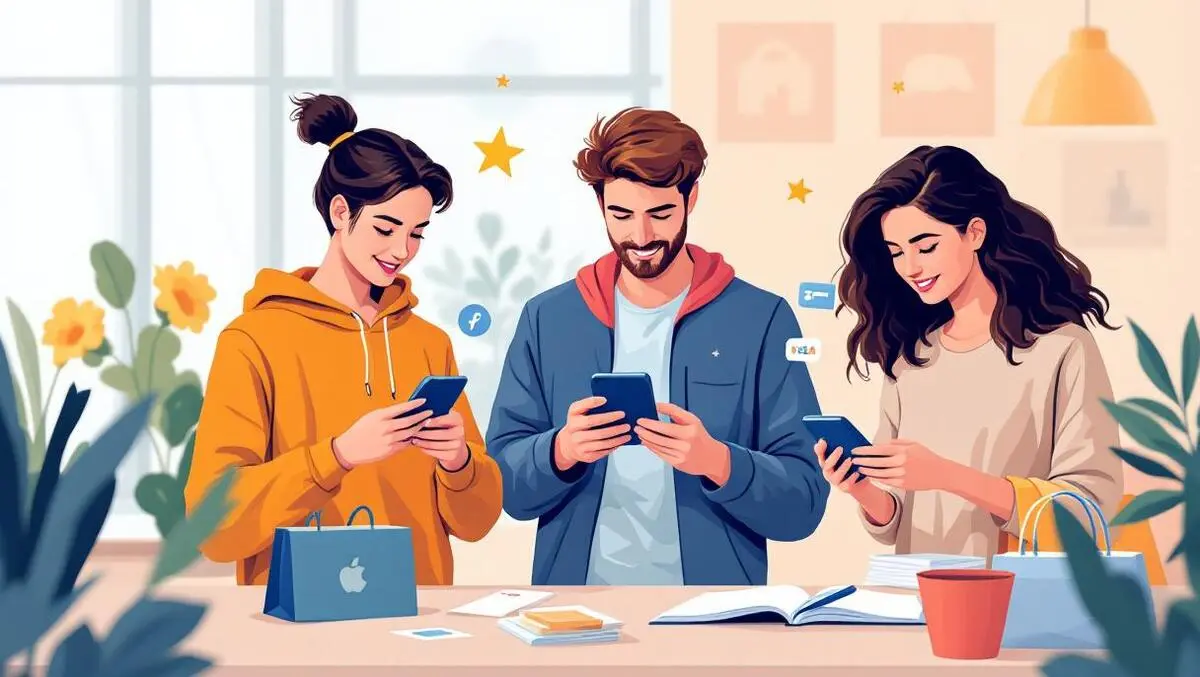 Young australian shoppers smartphones laptops shopping bags digital wallet icons modern indoor