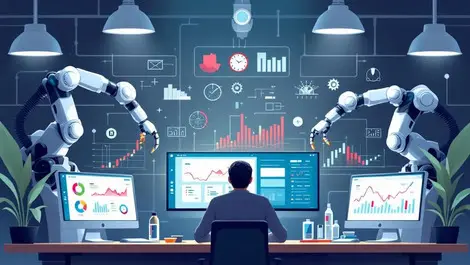 Modern office workspace ai automation finance robots assisting tasks