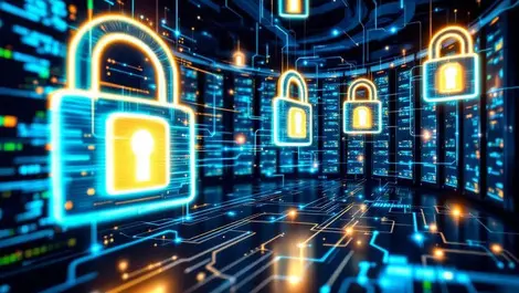 Modern server room glowing locked padlocks data security protection