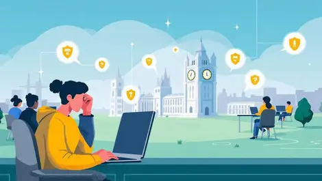 Young entrepreneurs working on computers with digital shields uk government support cyber security startups