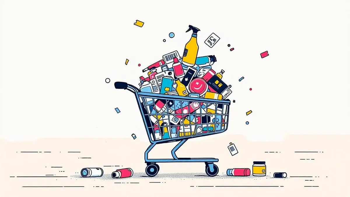 Piles duplicate product images labels overflowing shopping cart retail ecommerce content