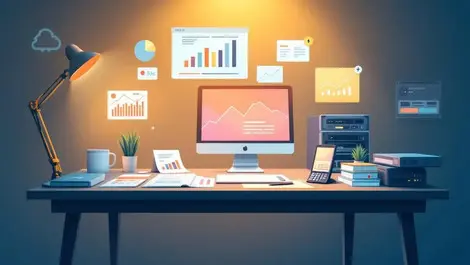 Modern office desk laptop calculator paperwork financial charts server rack tech integration