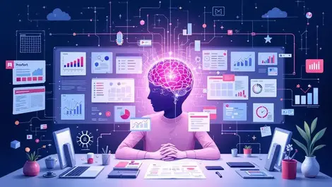 Organized workspace project plans charts digital devices brain ai automation