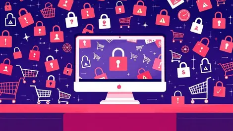 Digital illustration crowded computer screen shopping carts locks warnings cybersecurity black friday